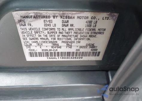 2003 Nissan Altima 2.5 S из США, поврежденный, VIN 1N4AL11D03C326229